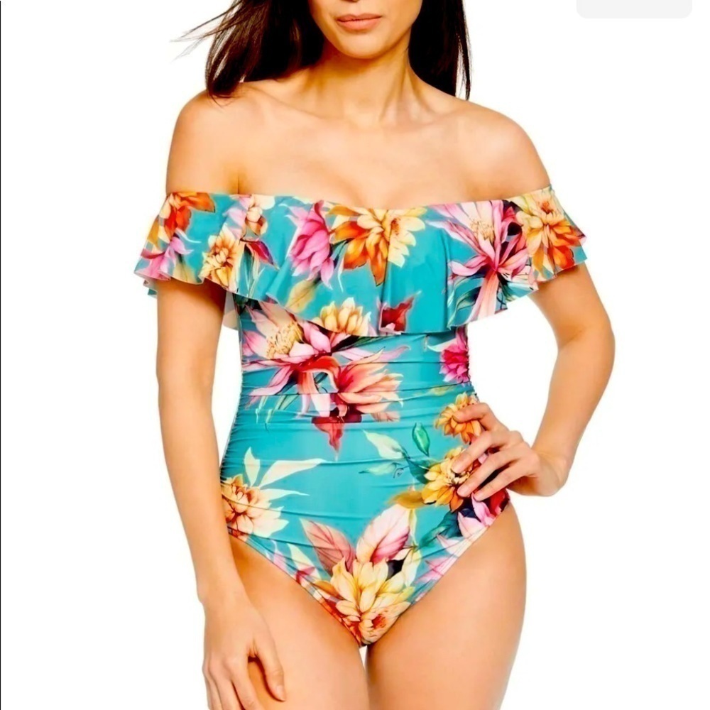 La Blanca Women's Off Shoulder Ruffle Blue One Piece Swimsuit